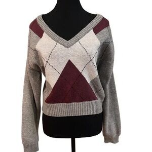 Steve Madden V-Neck Argyle Sweater - Gray and Burgundy